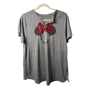 Disney Parks Minnie Mouse ICON Gray V-Neck Shirt Red Sequin Bow Women Large READ